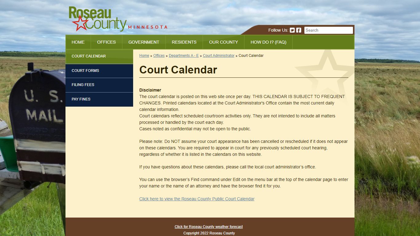 Court Calendar - Roseau County, Minnesota